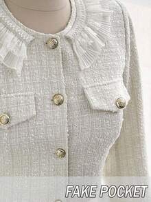 Flirla Plus Size Ruffled Tweed Short Jacket Winter Fall Autumn - White - View 8