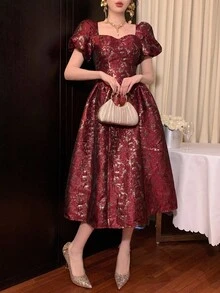 FRIFUL 女士优雅提花泡泡袖收腰中长连衣裙 女士连衣裙 生日装 女士夏季服装 女士加大码服装 正式场合女士休闲连衣裙 女士生日装 红色女士连衣裙 圣诞节 - 酒紅色 - 查看 2