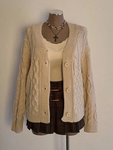 Sunspun Plus Size Women Casual Comfortable Drawstring Chunky Knit Cardigan With Front Button, Suitable For Spring, Autumn And Winter, Back To School Season Fall - Apricot - View 7