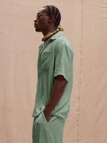 Musero Short Sleeve Button Up Oversized Pocket Shirt Oversized Graphic T-Shirt Spring, Summer, Holiday - Green - View 2