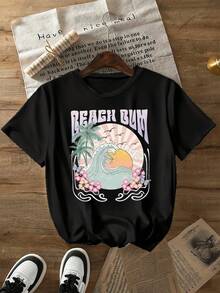 SHEIN LUNE Áo thun cổ tròn mùa hè dành cho nữ có họa tiết hoàng hôn & bãi biển, trang phục đi biển - màu đen - Xem 1