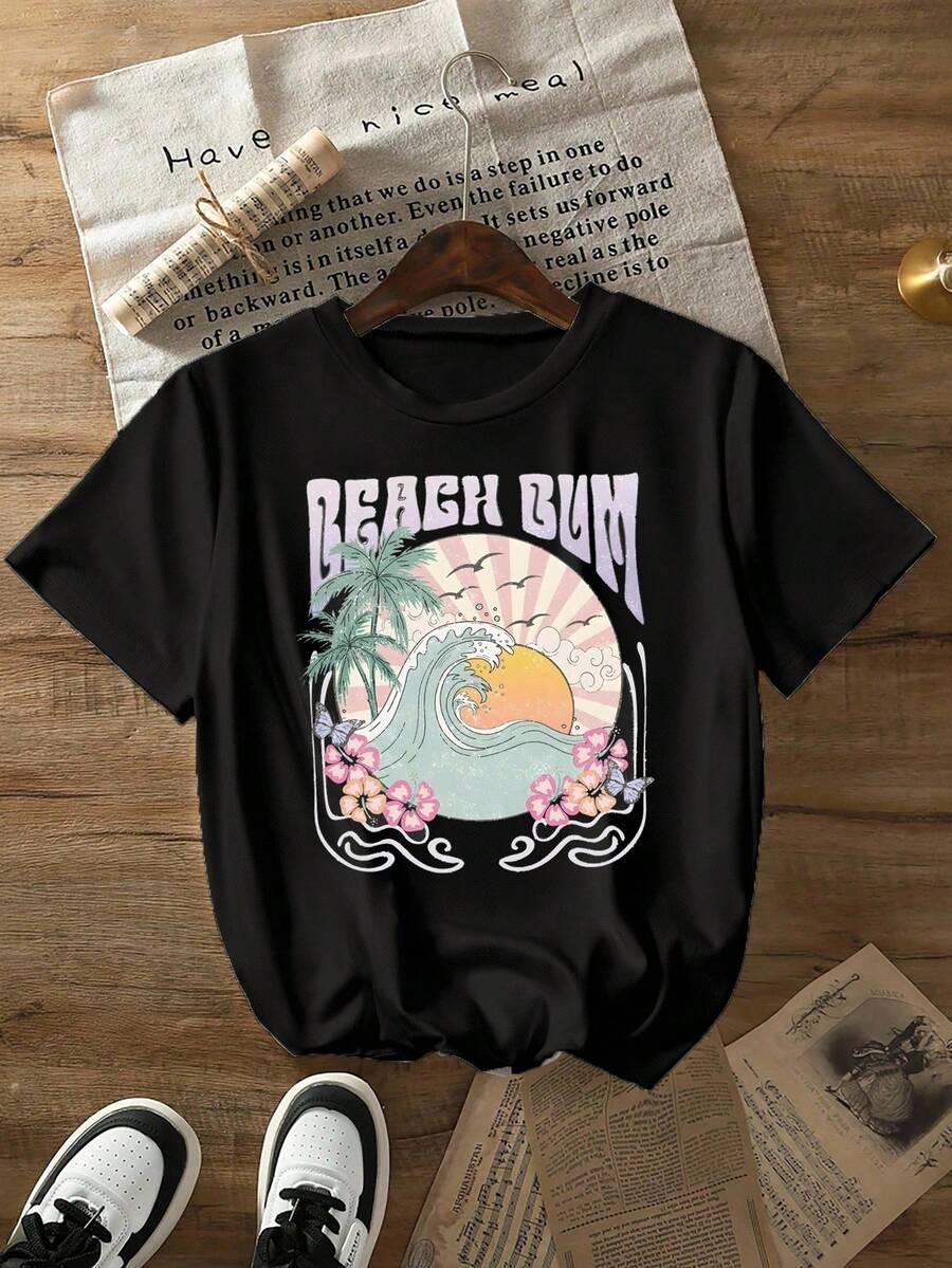 SHEIN LUNE Áo thun cổ tròn mùa hè dành cho nữ có họa tiết hoàng hôn & bãi biển, trang phục đi biển - màu đen - Xem 1