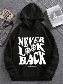 RueChic Felpa con cappuccio casual e alla moda da uomo, con stampa di cartoni animati e slogan, spalle cadenti, vestibilità ampia