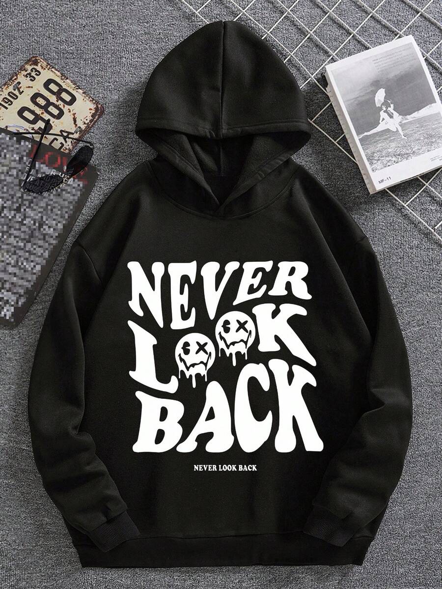 RueChic Felpa con cappuccio casual e alla moda da uomo, con stampa di cartoni animati e slogan, spalle cadenti, vestibilità ampia