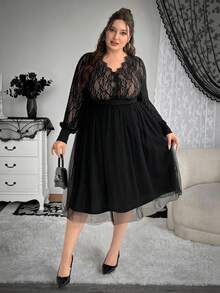 Enliva Christmas Plus Size Women Lantern Sleeve Midi Lace Dress/Autumn /Winter