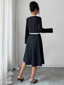 Rafferiza 2件套女士法式拼布长袖连衣裙 - 黑色 - 查看 2