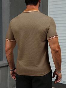 Manfinity Bizformal Men's Contrast Color Half-Placket Regular Fit Short Sleeve Casual Polo Shirt, Summer Mens Brown Polo Shirt Brown Casual Polo Mens Textured Polo Shirt Tan Polo Shirt Men Brown Polo Shirt Men