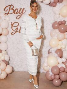 Loomaby 孕妇两件套套装、性别暴露连衣裙、孕妇装、婴儿洗礼连衣裙 - 白色 - 查看 5