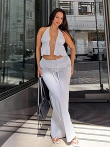 NegzBox 2 Pcs/Set Women's Blue & White Striped V-Neck Backless Halter Top And High Waist Drawstring Wide Leg Pants, Cotton, Fashionable Casual Leisure Wear, Spring/Summer - Grey - View 3