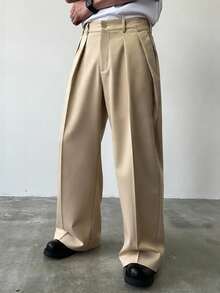 Manfinity Homme Men's Casual Solid Color Pleated Pants High Waisted Pants Oversized Pants Loose Pants, Fall - Khaki - View 3