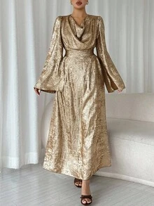 Modelyn Autumn/Winter Woven Gold Foil Shiny Draped Neck Tie-Waist Loose Split Hem Long Sleeve A-Line Dress, Fashionable & Elegant For Outings, Parties, Gatherings