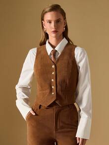 Briarwyn Damen Lässig Pendler Vintage braune Weste, Herbstkleidung für Damen, Herbstoutfits für Damen, Old Money Stil Damen, Damen braunes Outfit, Braunes Cord Outfit, Braunes Outfit Damen