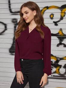 SHEIN Clasi 女士纯色V领灯笼袖优雅衬衫 - 紫紅色 - 查看 4