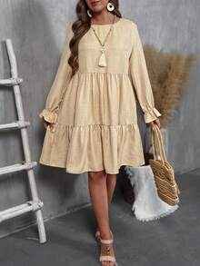 EMERY ROSE Plus Size Women Elegant Casual Round Neck Doll Dress Long Sleeve Dress Fall Cloth For Women - Khaki - View 3