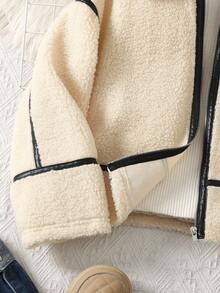 SHEIN Tween Girl White Winter Casual Lamb Wool Jacket,Oversized Faux Fur Collar Contrast Trim Zipper Pockets Loose Drop Shoulder Autumn Coat Outgoing Outing - Beige - View 11