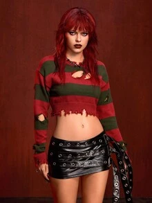 ROMWE Avant 万圣节条纹不对称做旧细节短款女式毛衣 - 彩色 - 查看 2