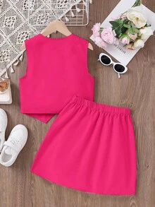 中學生女生荷葉邊裙子優雅2件式上衣套裝 - 玫紅色 - 查看 2