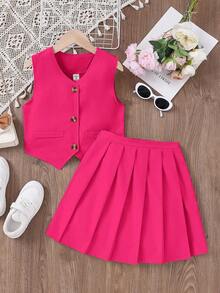 中學生女生荷葉邊裙子優雅2件式上衣套裝 - 玫紅色 - 查看 5