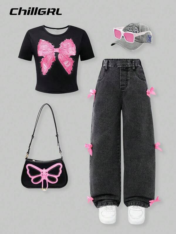 SHEIN 2pcs/Set Girls' Casual Bow T-Shirt And Denim Jeans Outfit, Daily & Commute Wear, School, Campus, College