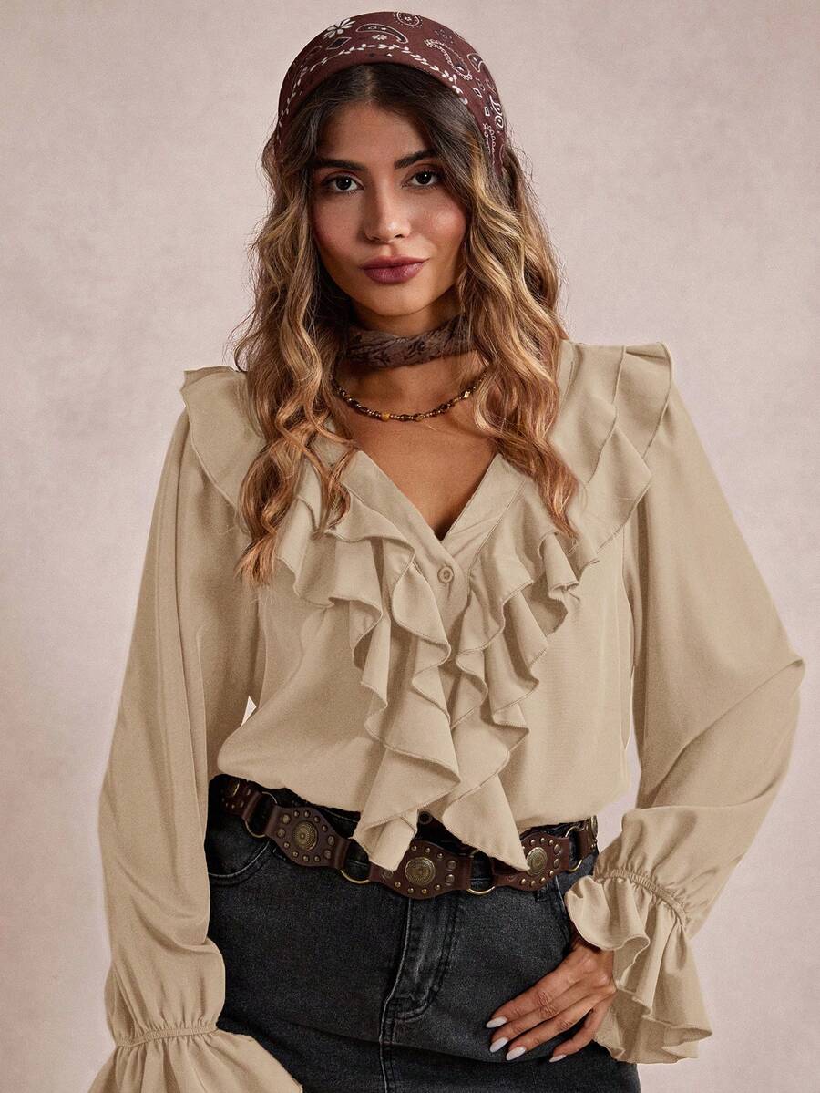 Freevana Plus Size Casual Solid Color Ruffle Trim Shirt/Fall/Winter - Khaki - View 1