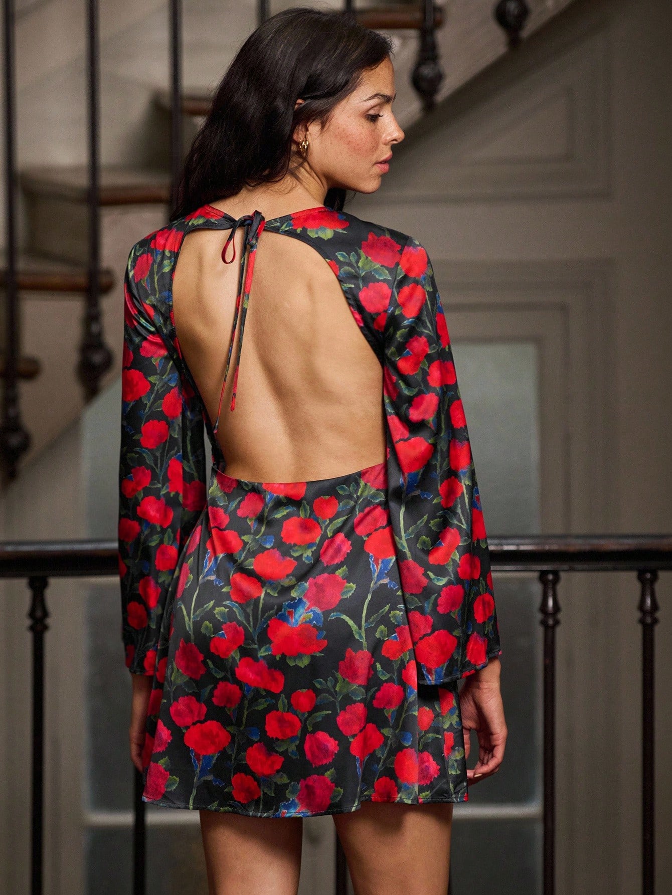 Mini Floral Dress With Flared Sleeves And Open Tie-Back Fall Women Clothes Spring Summer Dress Wedding Guest Dress  Outfits