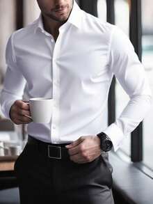 Manfinity Bizformal Elegant White Long Sleeve Dress Shirt For Formal Or Office Wear With Shirt Collar Business Shirts Business Casual Men Shirt , Fall