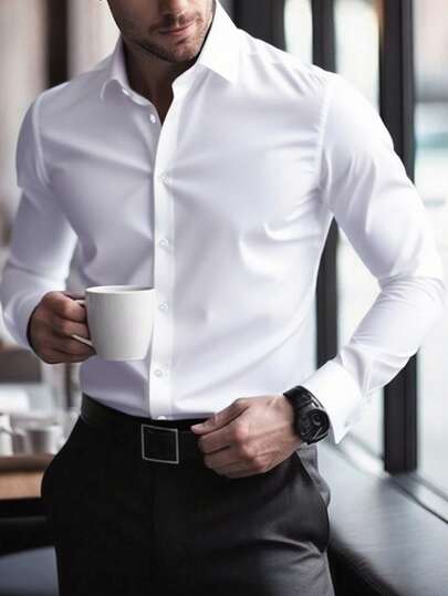 Manfinity Bizformal Camisa de vestir blanca de manga larga elegante para uso formal u oficina con cuello de camisa, camisas de negocios, camisa casual de negocios para hombre, otoño