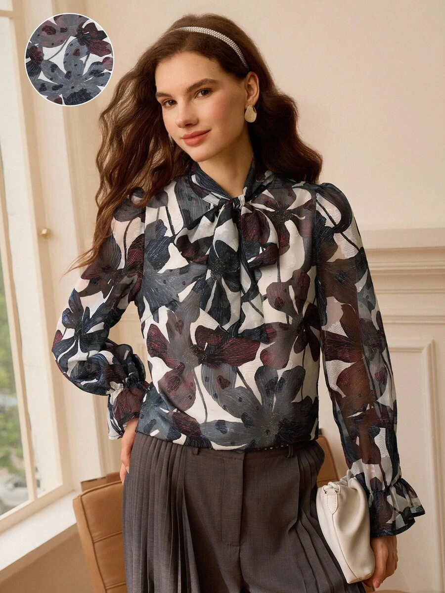 SHEIN Clasi Autumn Women's Elegant French Style White Floral Print Blouse,Ellegant Office Vintage Bowknot Design Shirt For Dates,Vacations&Holidays - Multicolor - View 1