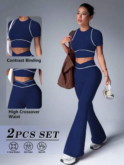 Dewbera Women's Round Neck Short Sleeve Cropped T-Shirt And Flare Pants Sports Suit Workout Sets