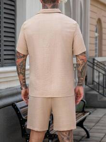Manfinity Homme 2pcs Men's Cuban Collar Short Sleeve Textured Shirt Set - Khaki - View 2