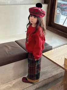 DAZY 2件套女婴圆领圣诞风韩版长袖抓绒卫衣格子套装，冬季圣诞节幼儿女童服装 - 紅色 - 查看 2