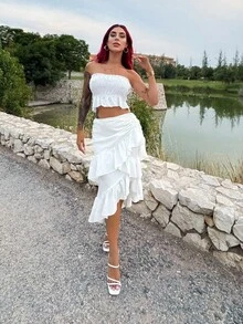 Bearsaez Women's  Creamy Apricot  Summer Skirt With High-Low Hem ,Drawstring Ruffled Layered,Party Skirt,Boho Skirt,Lunch Skirt - White - View 6