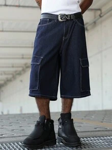 Manfinity Hypemode 男士休闲宽松工装口袋阔腿牛仔短裤 - 深色水洗藍 - 查看 3