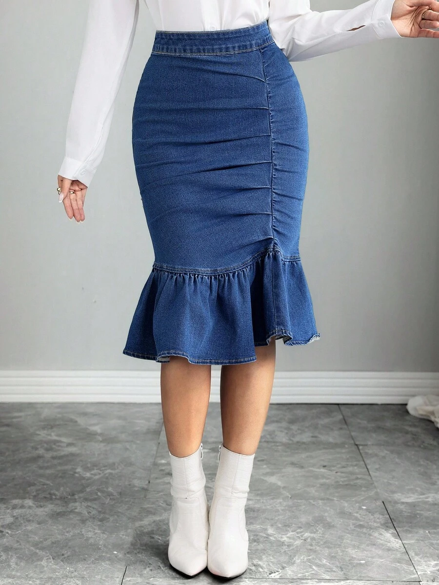 Elenzga Ruffled Hem Elastic Washed Women Denim Skirts - Medium Wash - View 1