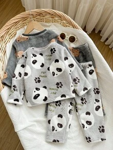 SHEIN 4pcs/Set Baby Boy/Girl Cute Fluffy Cartoon Bear Print Long Sleeve Pajama Set, Unisex Baby Clothes, Baby Winter Clothes Baby Unisex Clothes Sets - Multicolor - View 2