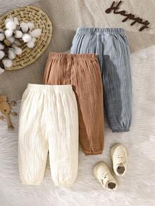 SHEIN 3pcs Baby Boys Vintage Casual Style Soft Crepe Fabric Pants, Suitable For Daily Wear And Outings, Fall Kids Clothes Winter