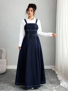 Selianne 女式优雅休闲深色牛仔连衣裙 - 深色水洗藍 - 查看 6