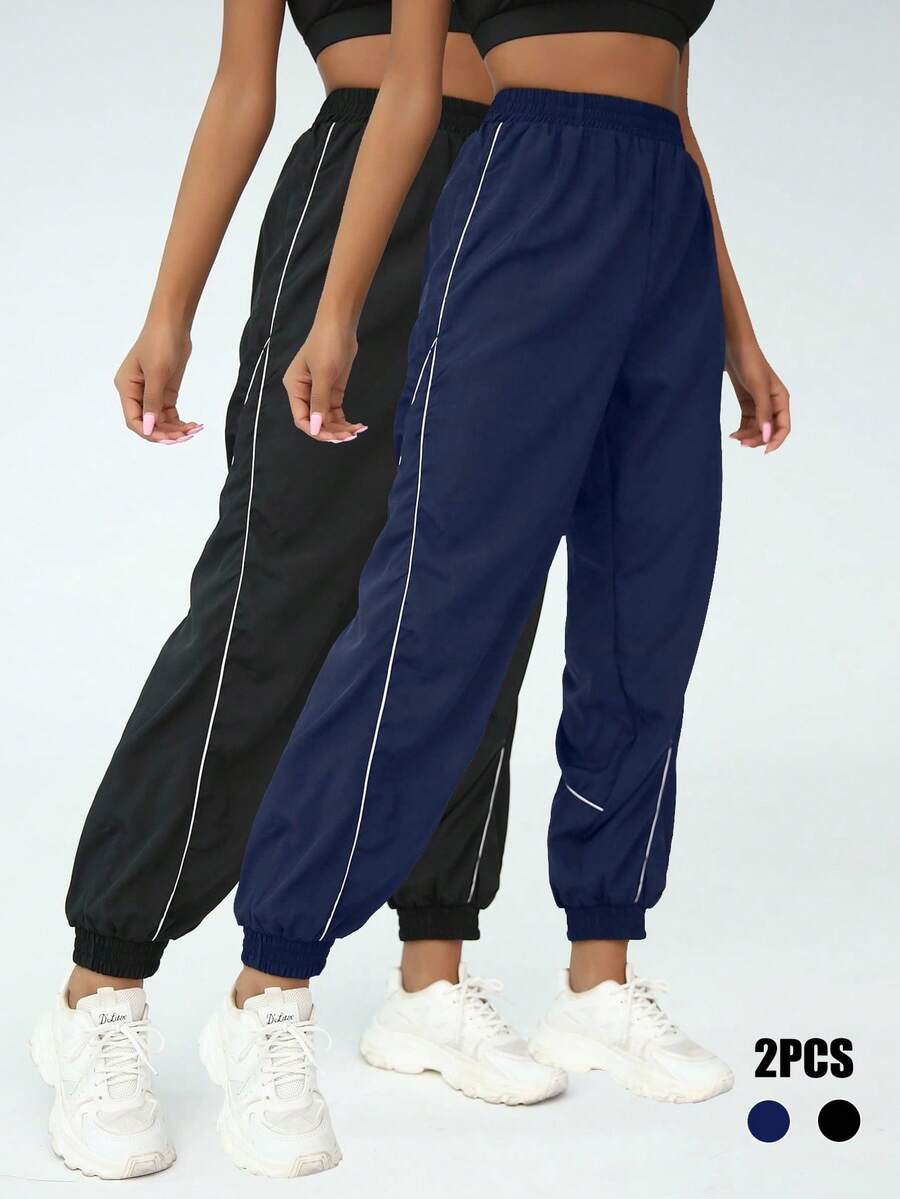 SHEIN Sports 2 件女式纯色松紧腰抽绳慢跑裤,休闲健身 - 彩色 - 查看 1