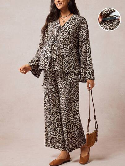 Boho Mama 2件套孕妇豹纹扭纹V领长袖上衣和裤子休闲装