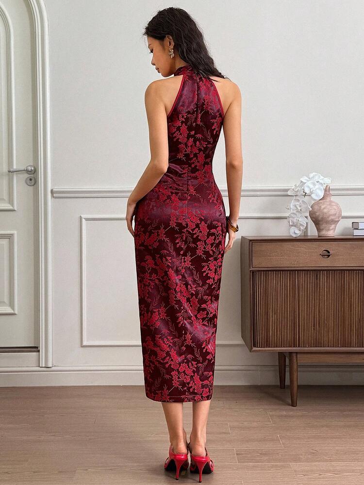 EastFlair Women's Elegant Jacquard Halter Midi Dress, Dress For Wedding Guest   , Wedding Guest Dress Elegant  Wedding Guest Dress Women   Fall Clothes For Women  Christmas Women's Clothing Halter Neck Dress Cheongsam Dress Chinese Style Dress Party Dress  Red Dress,B2/Summer - Red - View 6