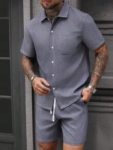 Manfinity Homme 2pcs Men's Casual Bicolor Mesh Short Sleeve Shorts Set - Blue - View 5