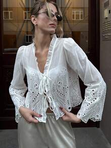 Pariaura Casual Versatile Solid Color Hollow Embroidery Lace-Up Shirt