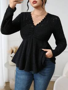 Modelyn Áo cánh tay dài cổ bèo nhún màu trơn cỡ lớn cho nữ - màu đen - Xem 3