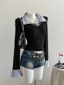 Sweetra 1pc Women's Striped Splice Asymmetrical Hem Tight Long Sleeve T-Shirt, 2 In 1 Shirt Collar, Fashion Casual Street Style, Autumn/Winter Graphic Tees Women Tops For Spring