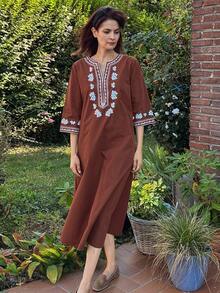 Vivie Lora 女士宽松中袖中长连衣裙，酒红色，乡村风格吊带裙 - 酒紅色 - 查看 1