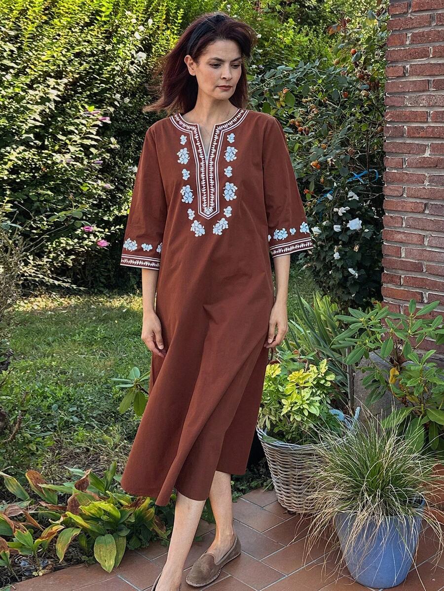 Vivie Lora 女士宽松中袖中长连衣裙，酒红色，乡村风格吊带裙 - 酒紅色 - 查看 1