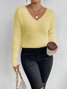 EMERY ROSE White V-Neck Casual Soft Knit Sweater, Long Sleeve Pullover Top, Autumn/Winter - Light Yellow - View 6