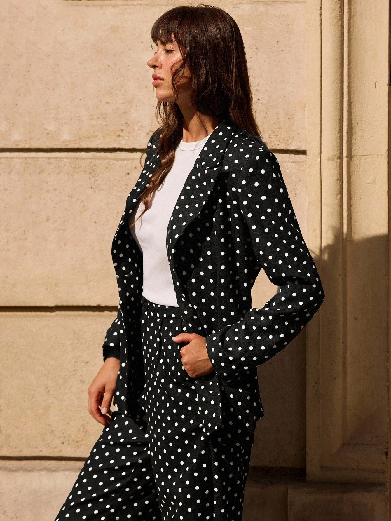 Blazer de Poá Preto com Bolsos com Abas Co-Ord Roupas Femininas de Outono e Inverno