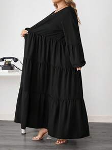 SHEIN CURVE+ Plus Size Women's Spring Summer Solid Round Neck Lantern Sleeve Ruffle Hem Loose Casual Dress Maxi Women Outfit/Autumn /Winter