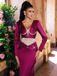 Glamrae Elegante tren fruncido con cintura de manga larga, cuello en V, calado, escote en pico, perla y calada, talla grande, color rosa oscuro, para mujer - Rosa Fucsia - Ver 3